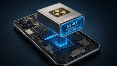 تصميم تخيلي لبطارية نووية Nickel-63 داخل هاتف ذكي توضح تقنية البطاريات الذرية الحديثة