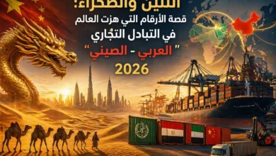 مشهد يجمع التنين والصحراء مع موانئ حديثة يرمز للتجارة العربية الصينية