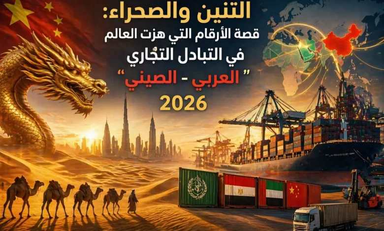 مشهد يجمع التنين والصحراء مع موانئ حديثة يرمز للتجارة العربية الصينية