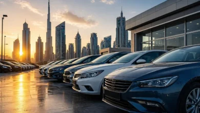 سوق السيارات الحديثة في مدينة حضرية مع صف سيارات جديدة