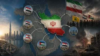 خريطة توضح النفوذ الإيراني في الشرق الأوسط مع مشاهد متباينة بين الاستقرار والتوتر في دول المنطقة