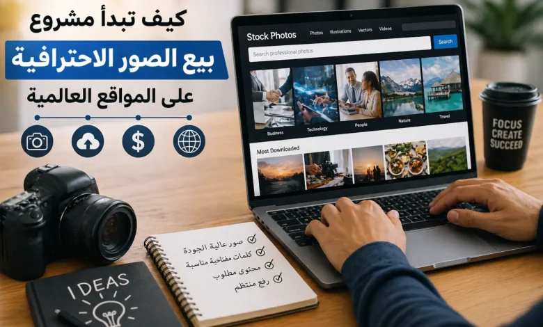 شخص يقوم برفع صور احترافية على مواقع بيع الصور العالمية باستخدام اللابتوب في إشارة إلى العمل الحر عبر الإنترنت